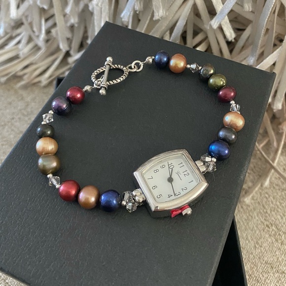 🪞 NEW genuine freshwater cultured pearl and crystals square watch bracelet - Picture 7 of 8